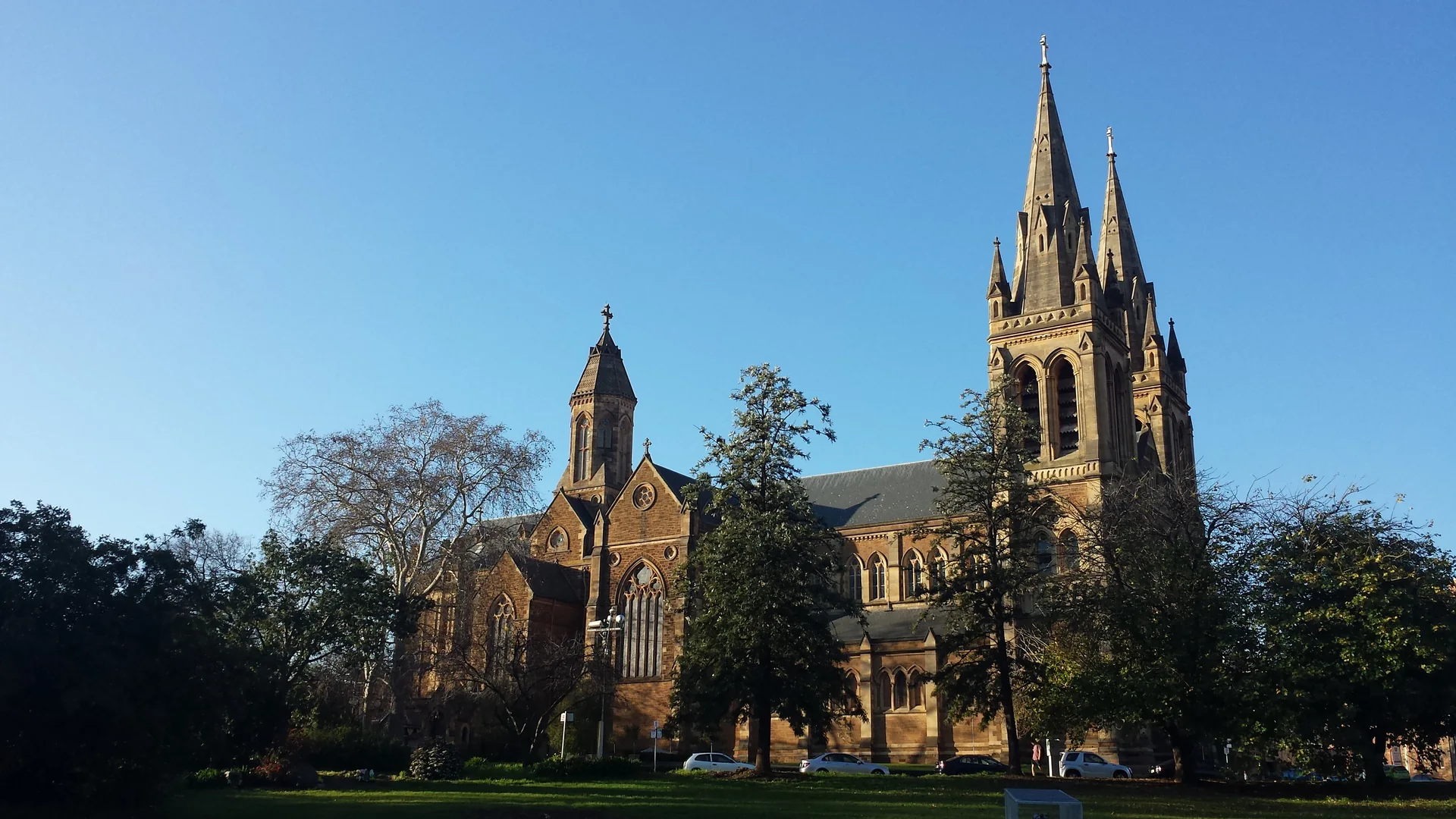 St Peter’s Cathedral in North Adelaide beneath a blue sky.