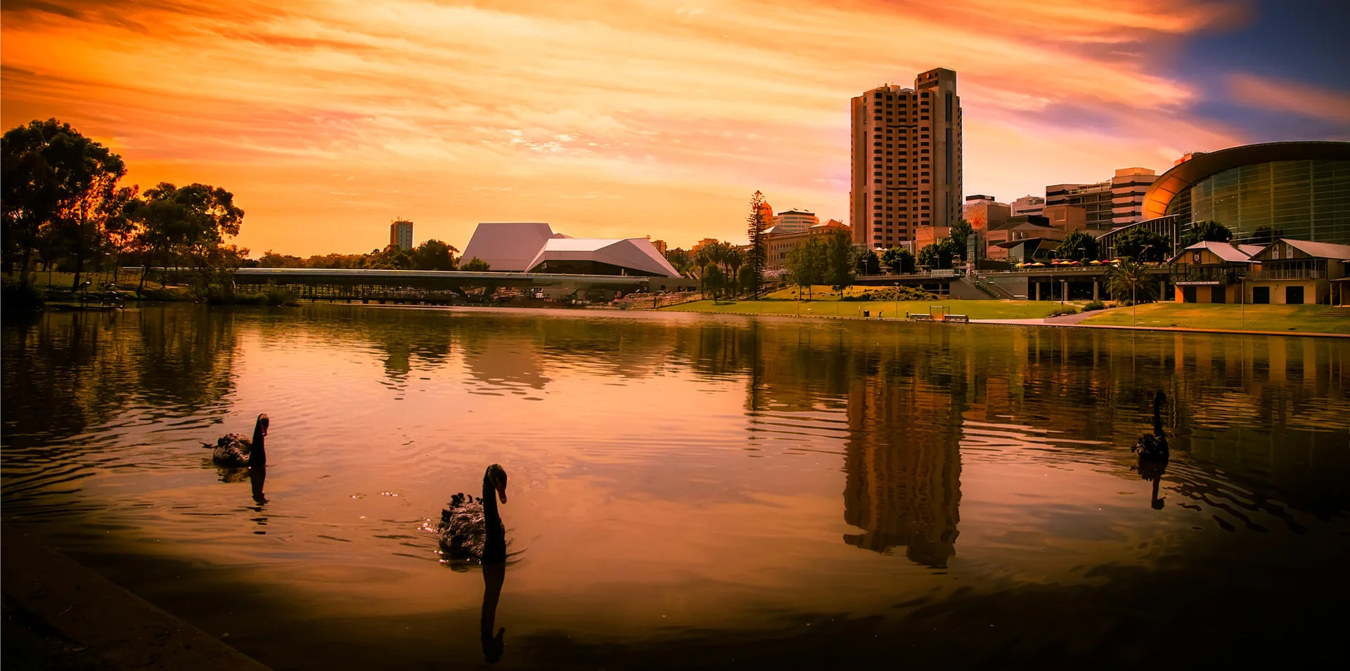 The River Torrens and Adelaide Festival Centre at sunset.