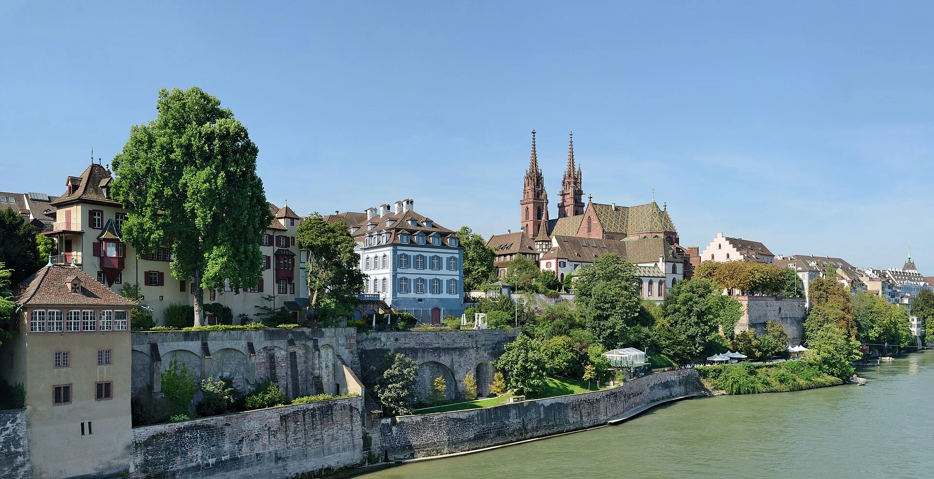 Basel Minster above the Rhine riverbank.