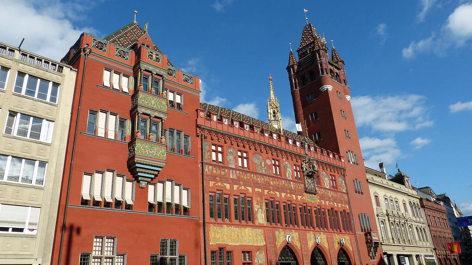 The red Rathaus facade on Basel’s Marktplatz.