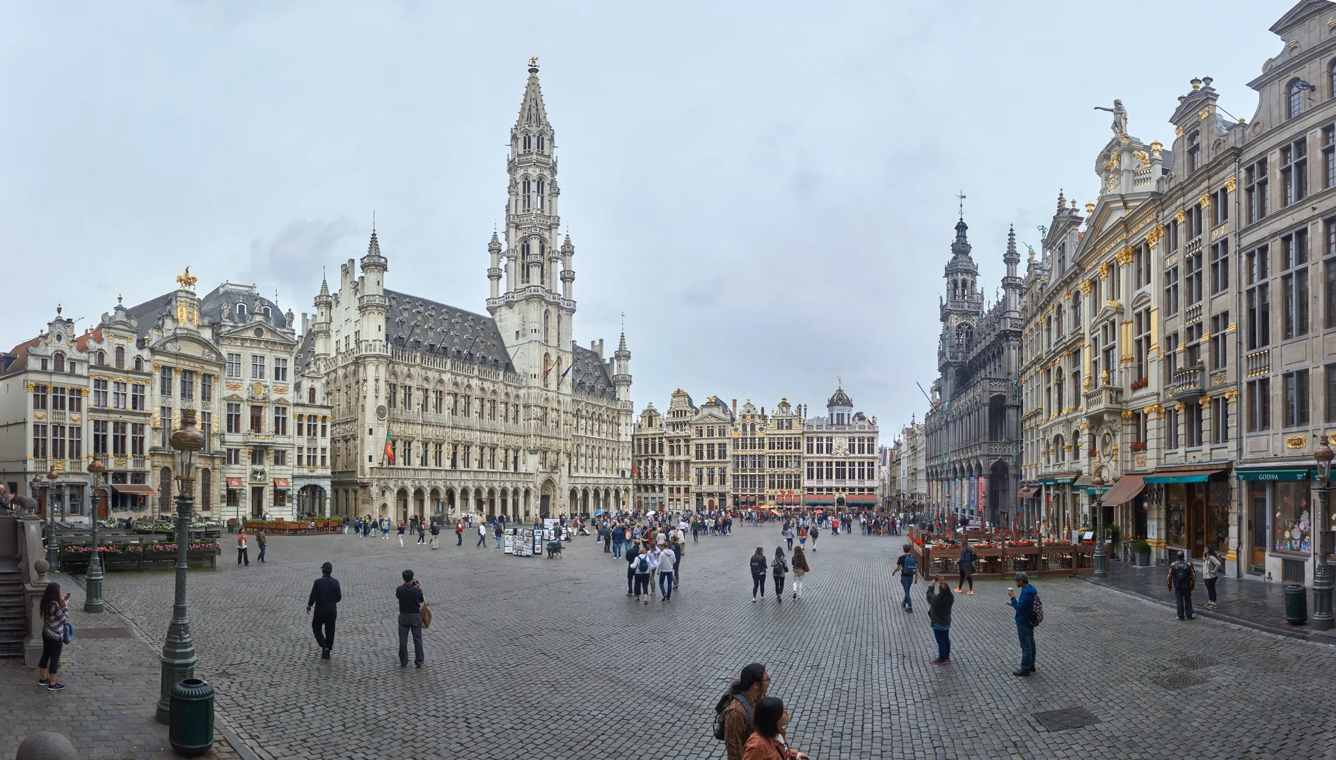 Brussels Grand-Place with the Town Hall tower and ornate guild houses