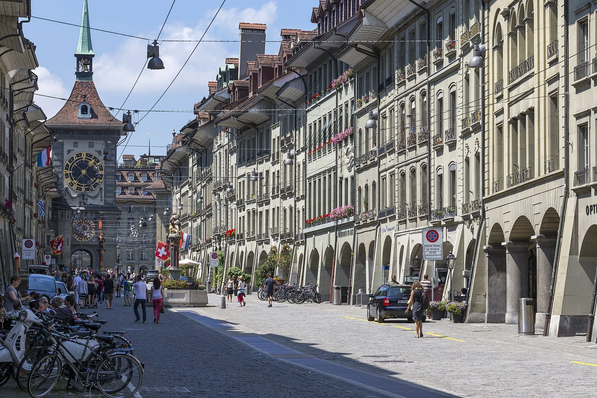 The Zytglogge clock tower at the end of Kramgasse in Bern.