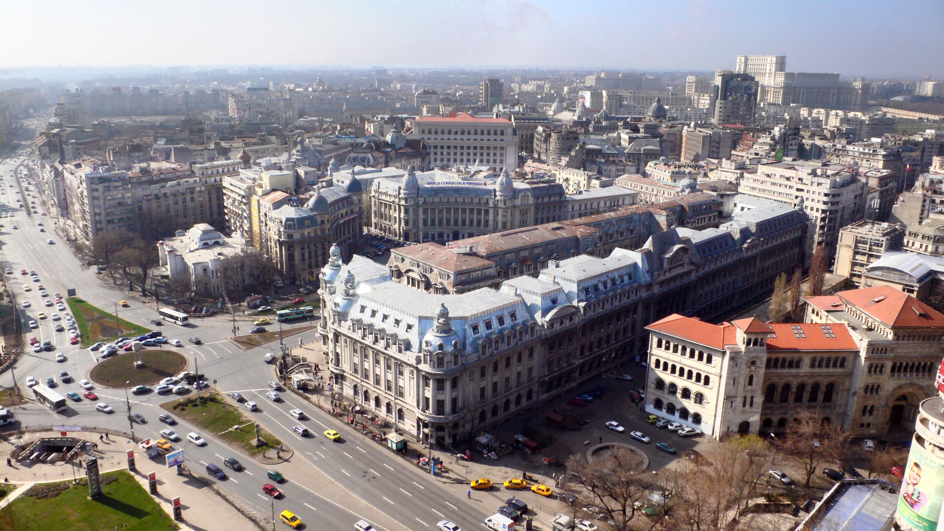 University Square and the surrounding central Bucharest streets viewed from above.