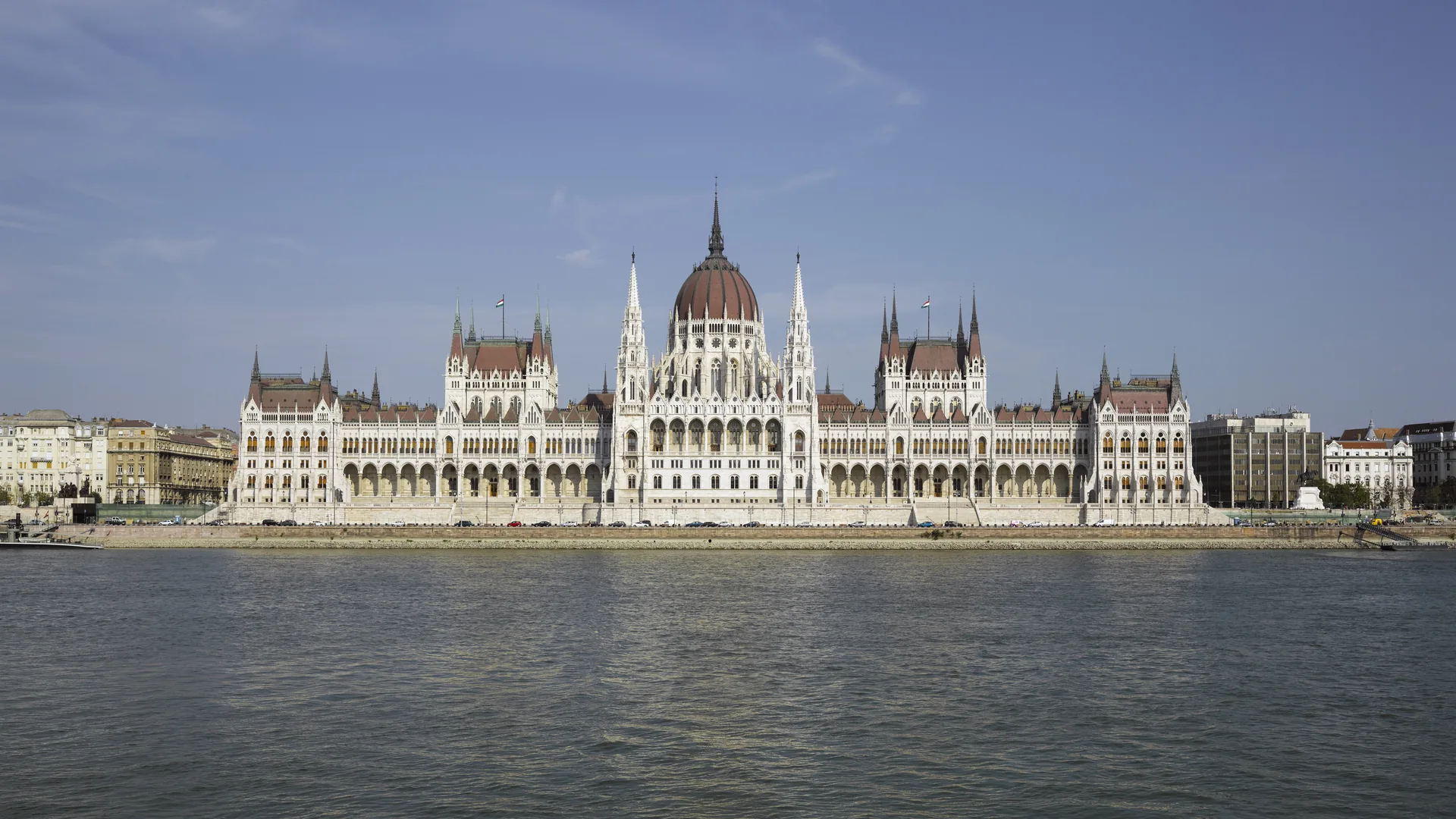 The Hungarian Parliament beside the Danube in Budapest.