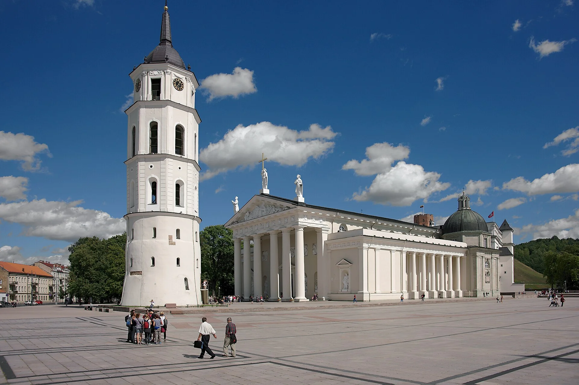 Vilnius Cathedral and its separate white bell tower seen across Cathedral Square