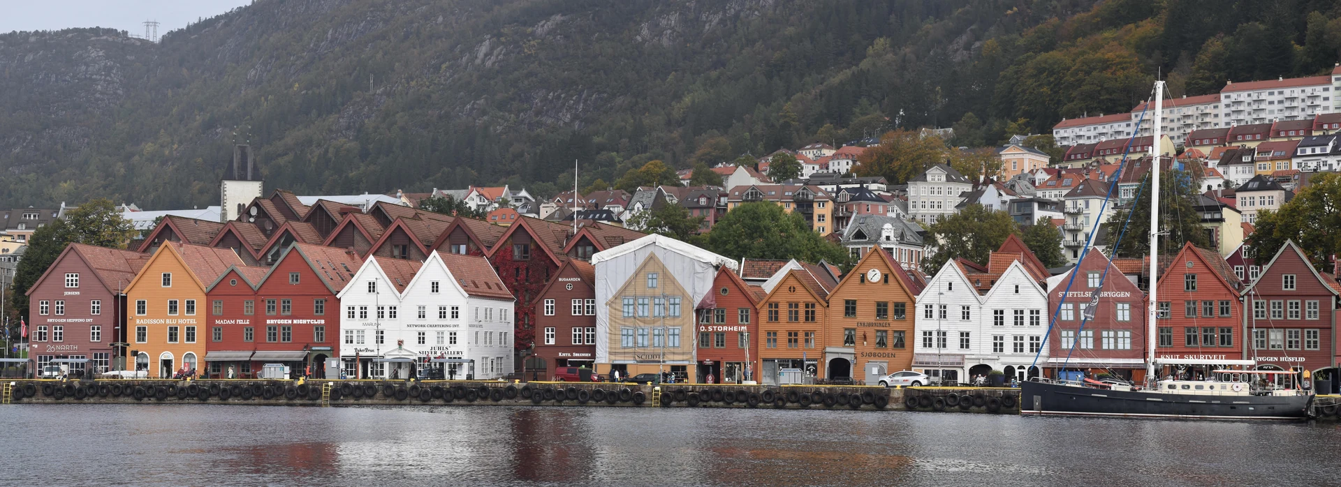 The historic coloured wooden buildings of Bryggen across Vågen in Bergen