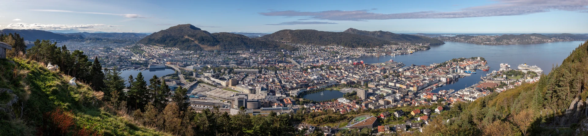 Bergen harbour, city centre and surrounding hills seen from Fløyen