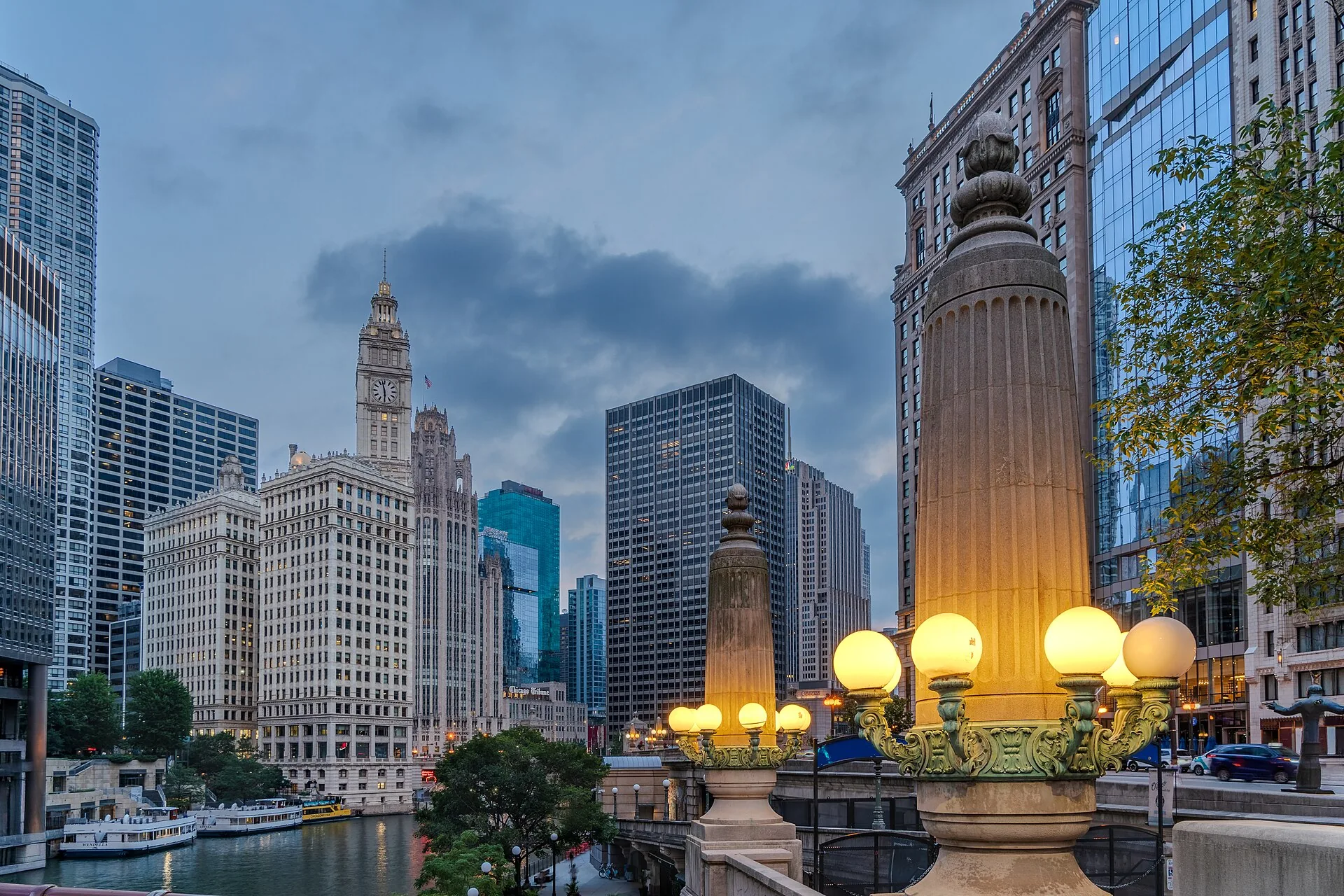 The Chicago River, Wrigley Building and DuSable Bridge at blue hour