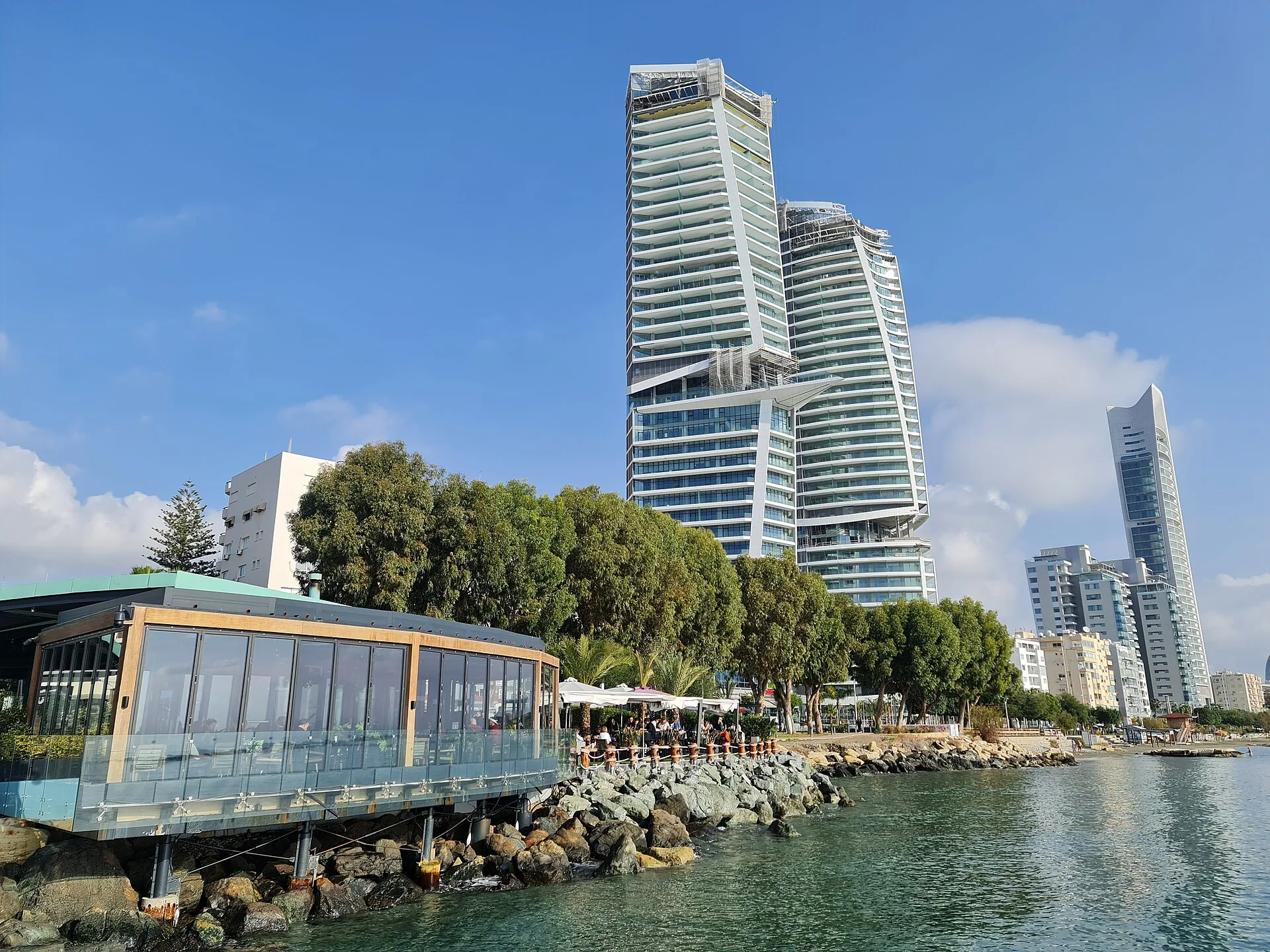 The Limassol waterfront and coastal high-rise buildings