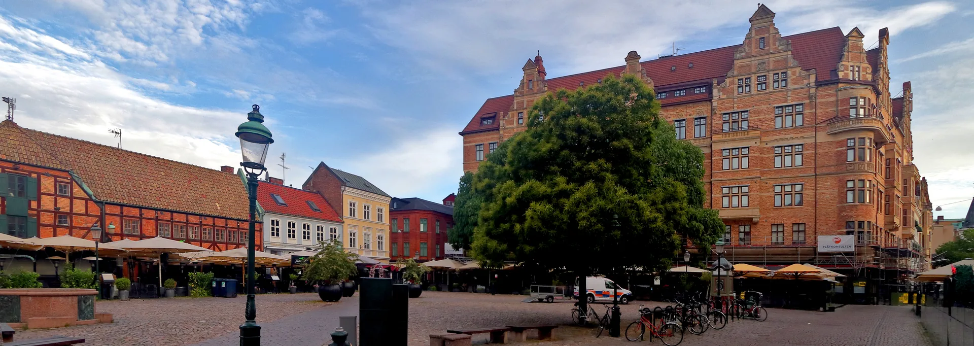 Lilla Torg square in Malmö with historic façades, terraces and bicycles