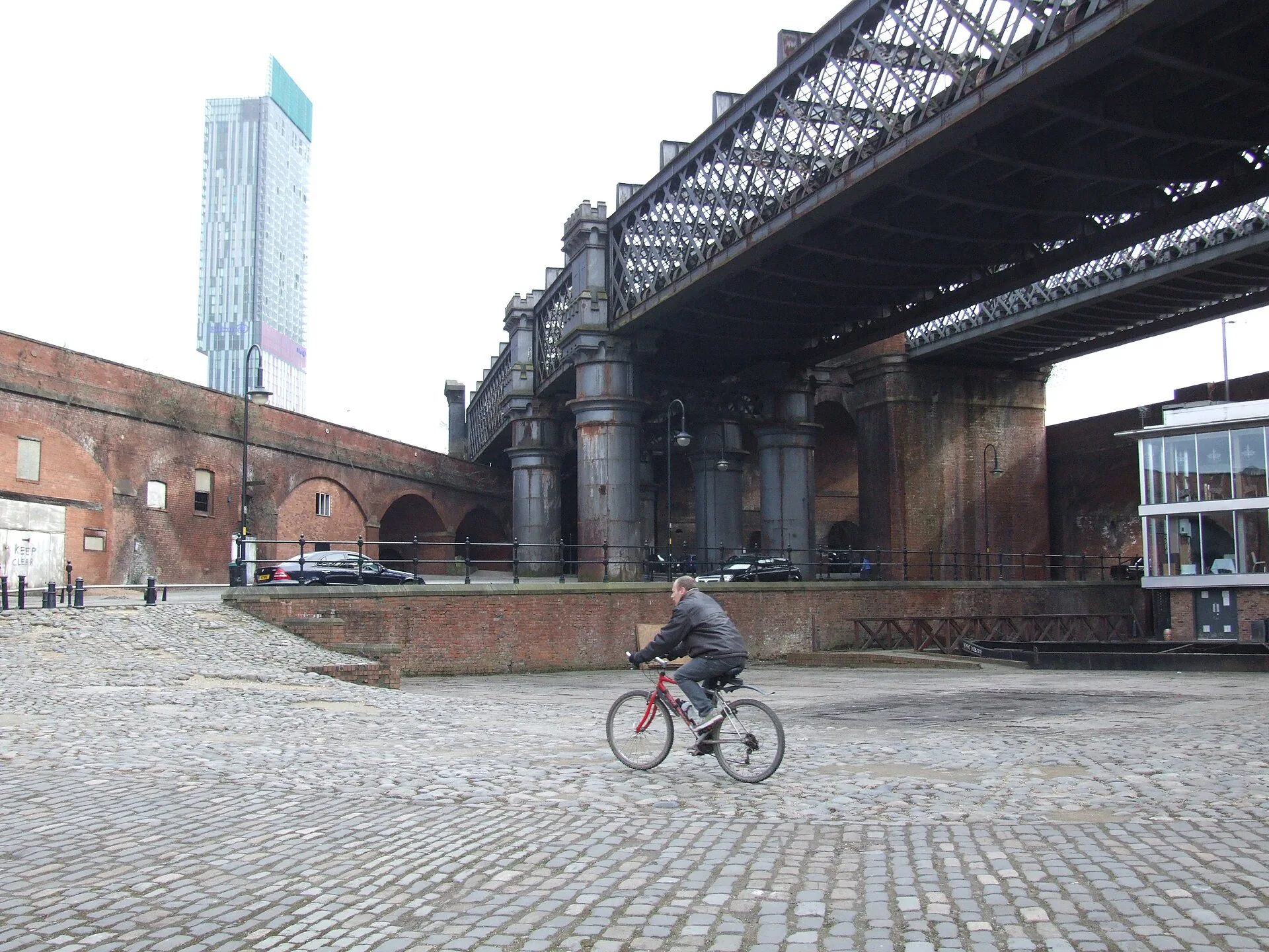 Castlefield railway viaducts and canal-side public space in Manchester