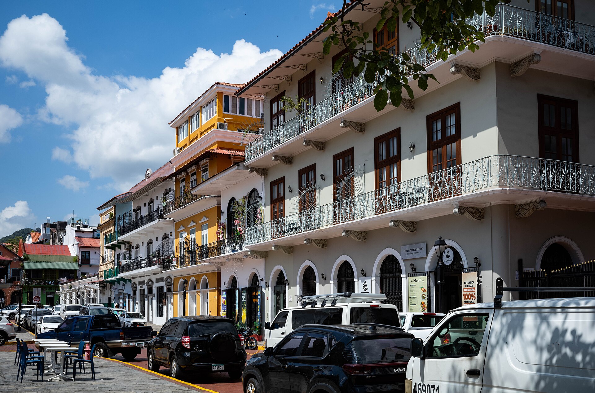 Balconies and street life in Casco Viejo, Panama City