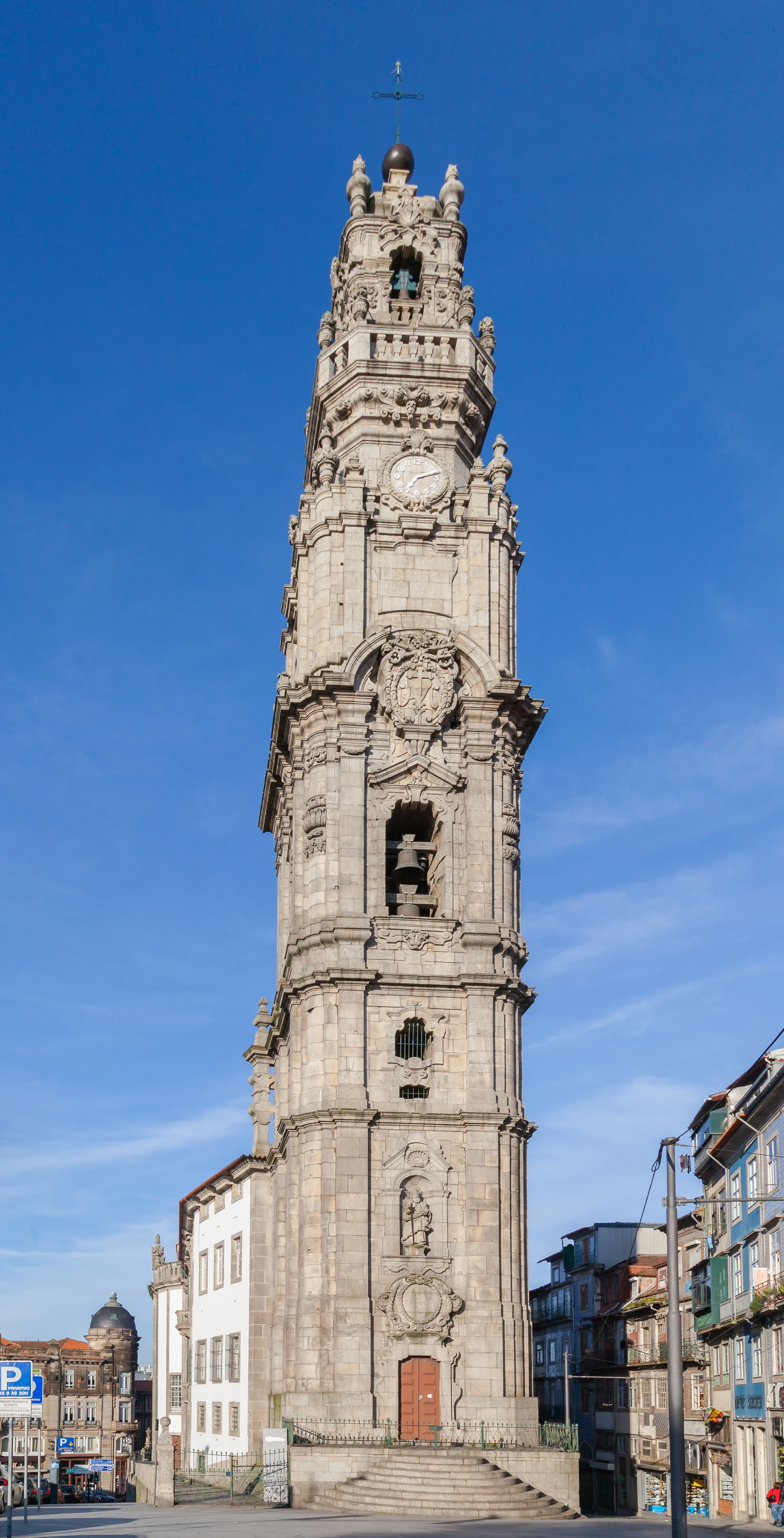 The complete Clérigos bell tower above central Porto