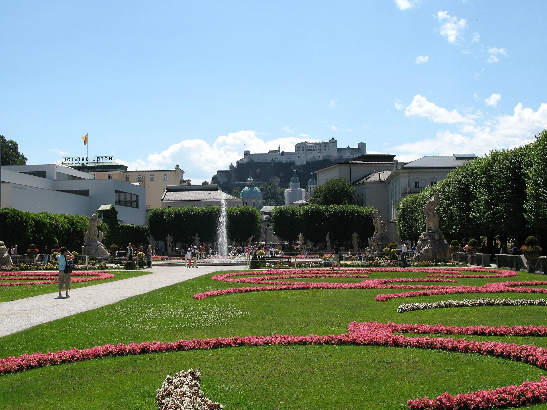 The flower beds of Mirabell Gardens with Hohensalzburg Fortress beyond