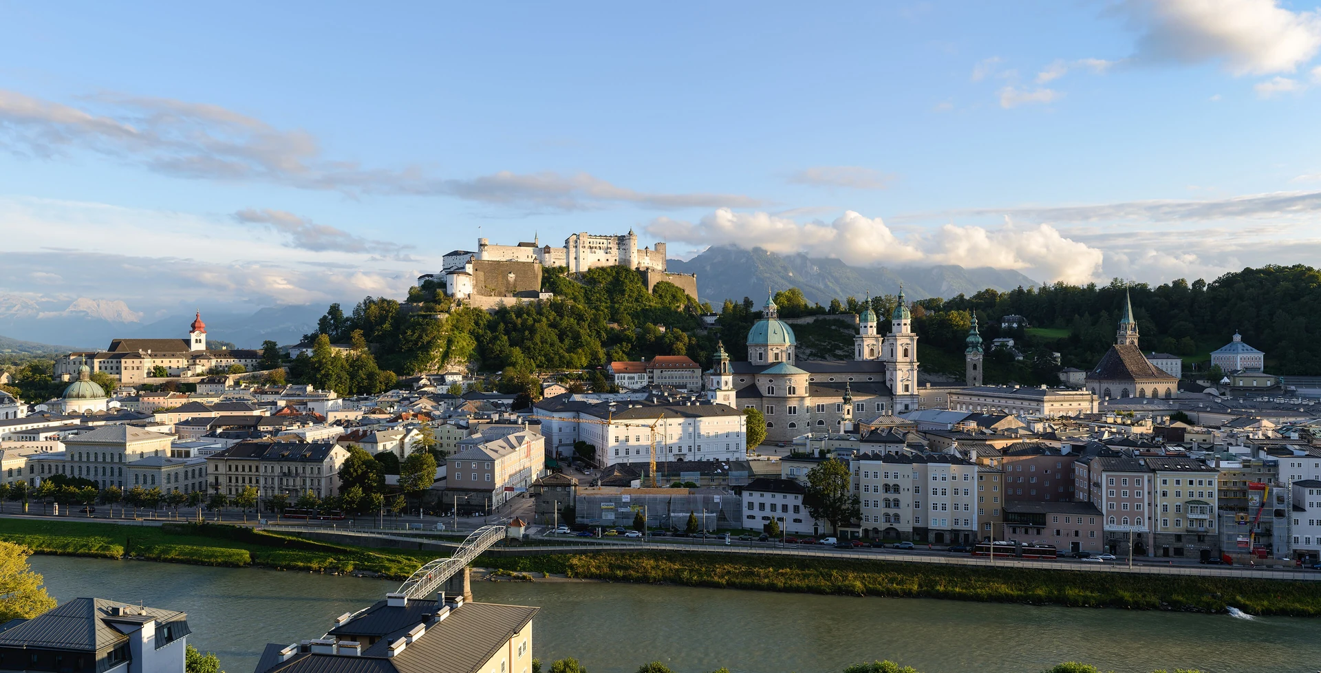 Hohensalzburg Fortress, cathedral domes and the Salzburg old town above the Salzach