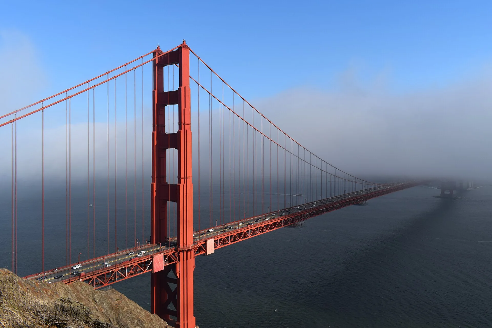 The Golden Gate Bridge in evening light, viewed toward San Francisco from Battery Spencer
