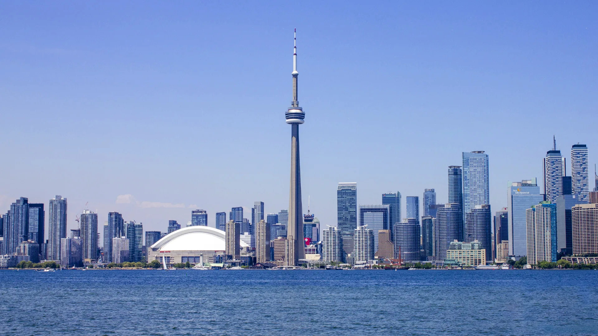 Toronto waterfront skyline with the CN Tower and Rogers Centre, viewed from Centre Island