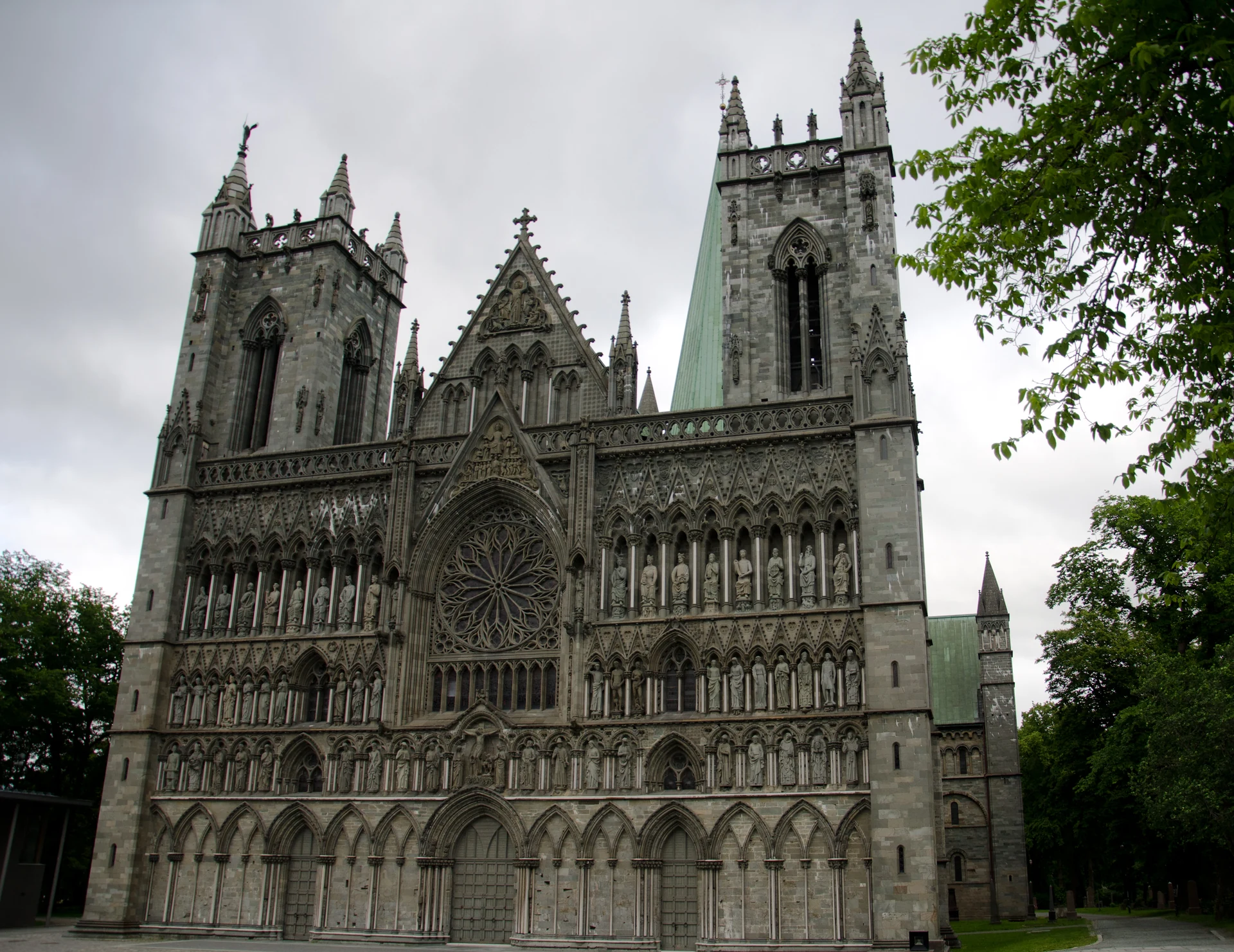 The carved west front and towers of Nidaros Cathedral in Trondheim