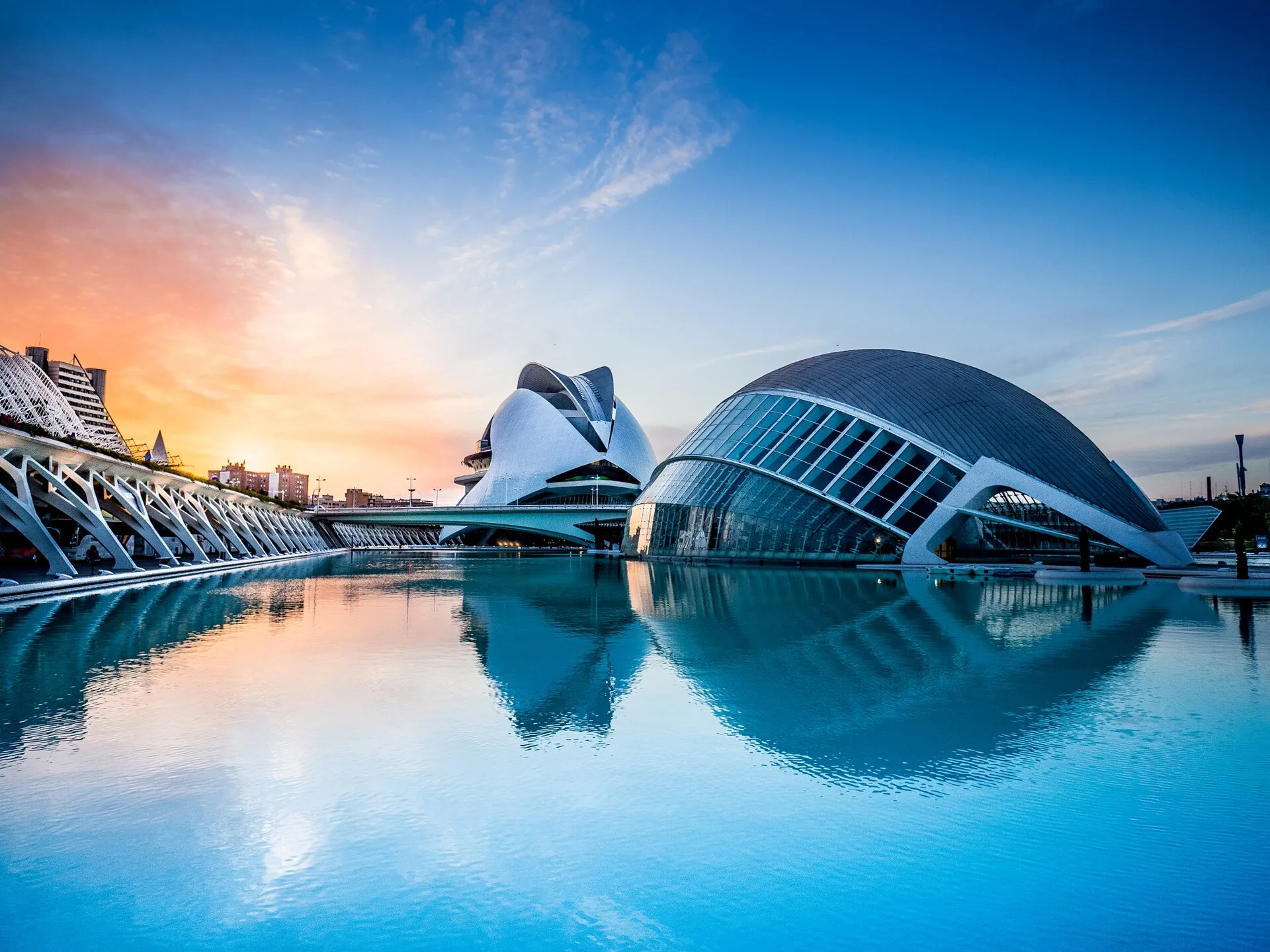 The City of Arts and Sciences reflected in its pools at dusk, Valencia