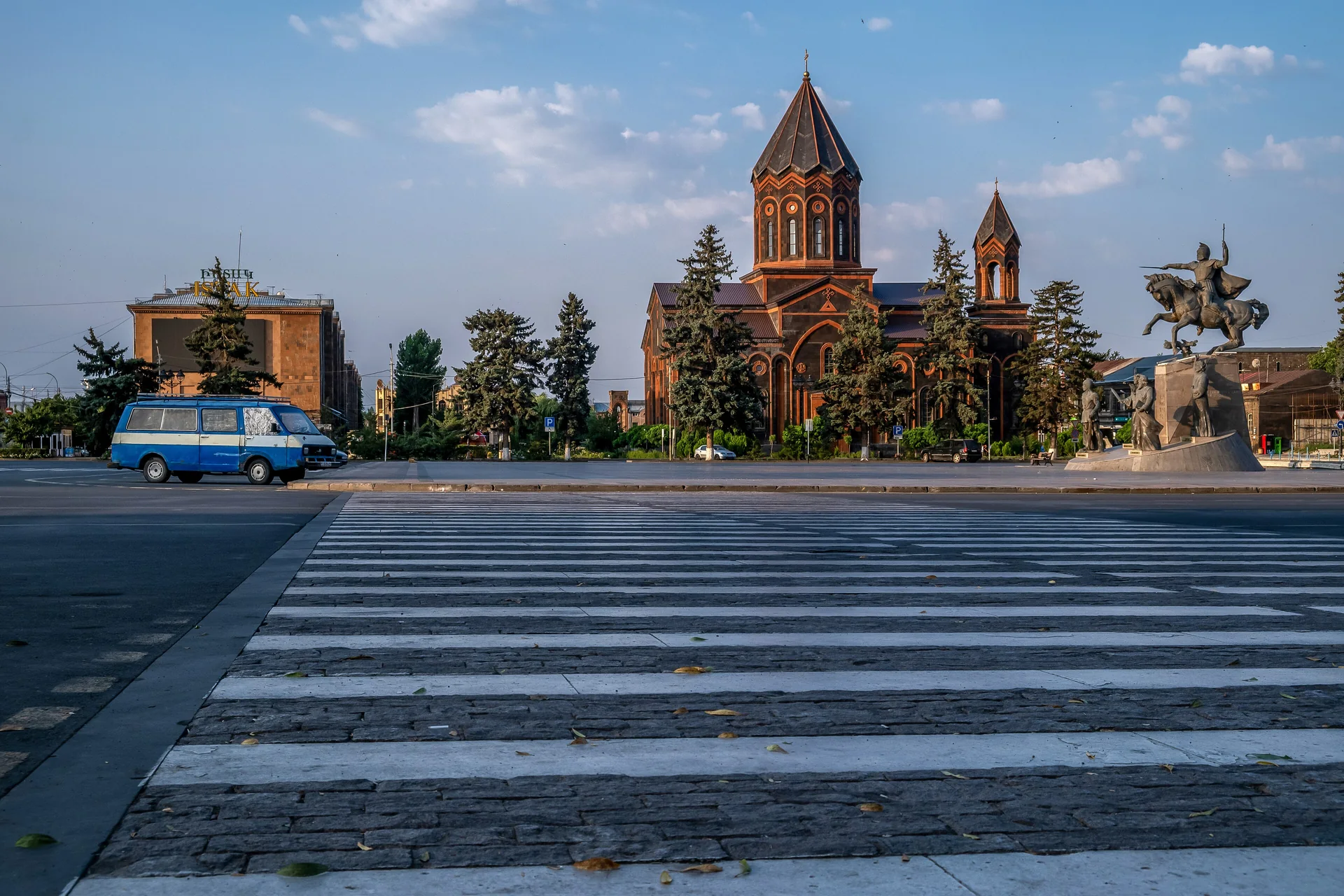 Holy Saviour Church’s orange and dark stone towers above Vardanants Square in Gyumri