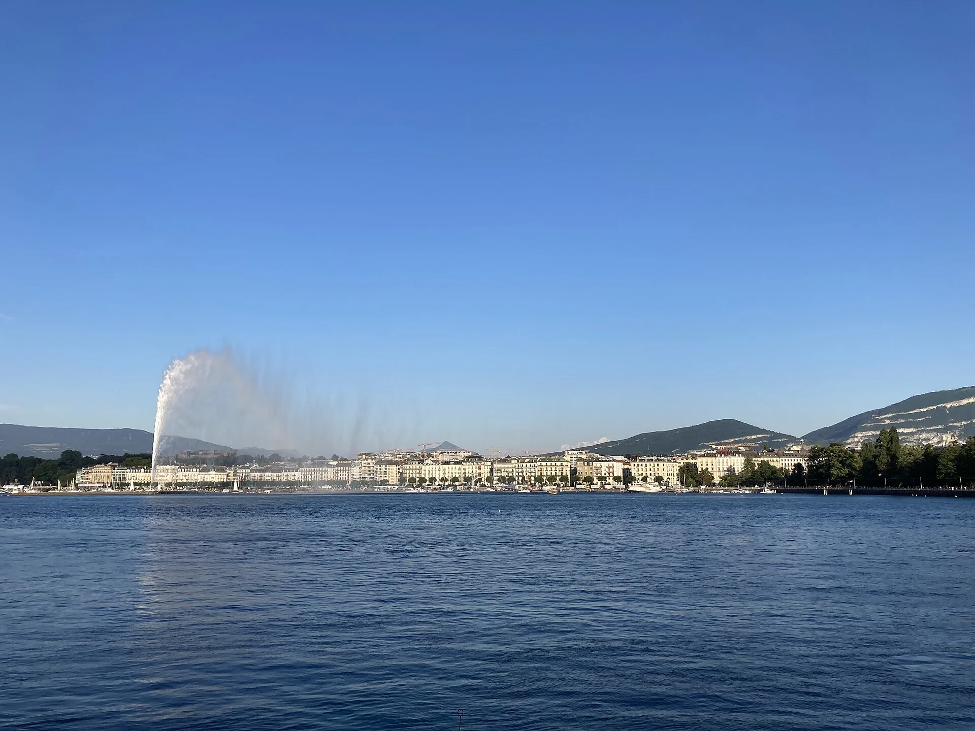 The Jet d’Eau rising over Lake Geneva.