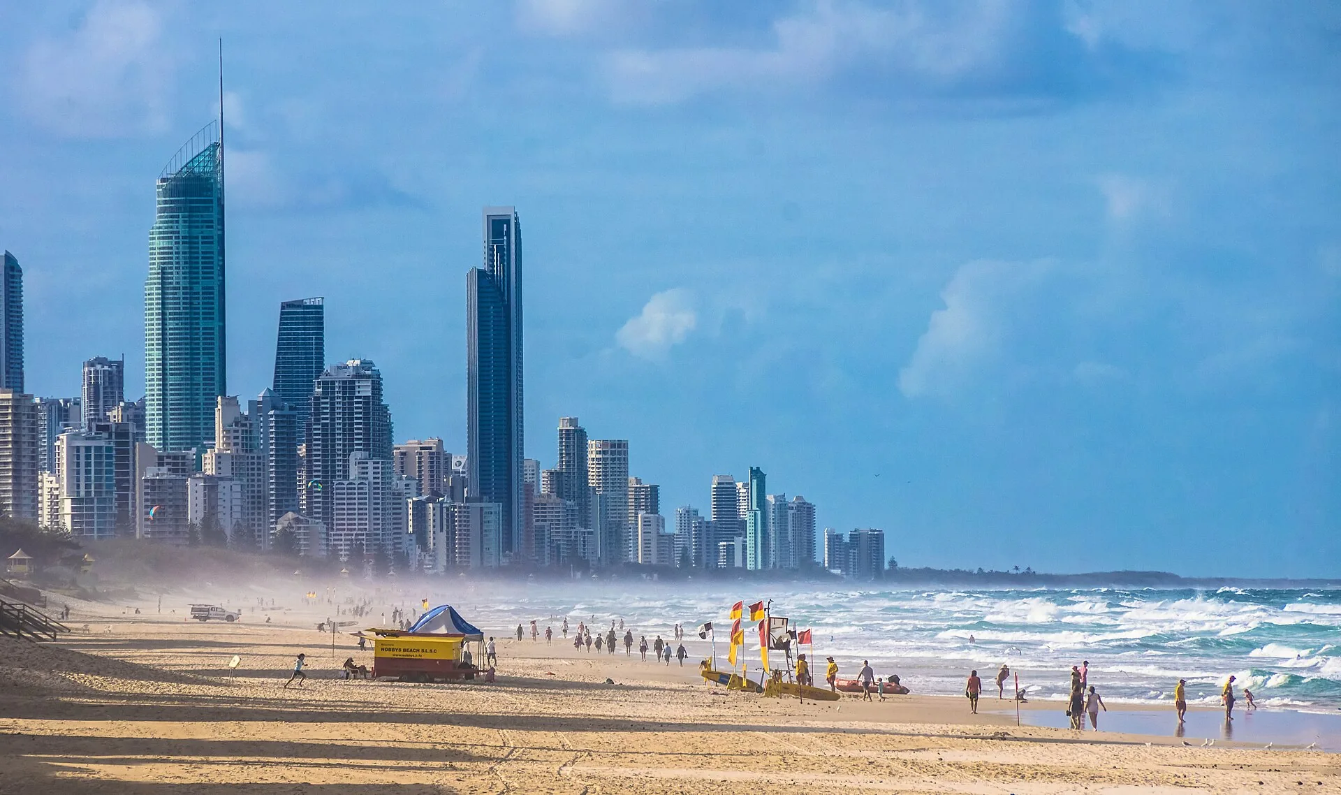 Q1 and the Surfers Paradise skyline seen along the Gold Coast beach.