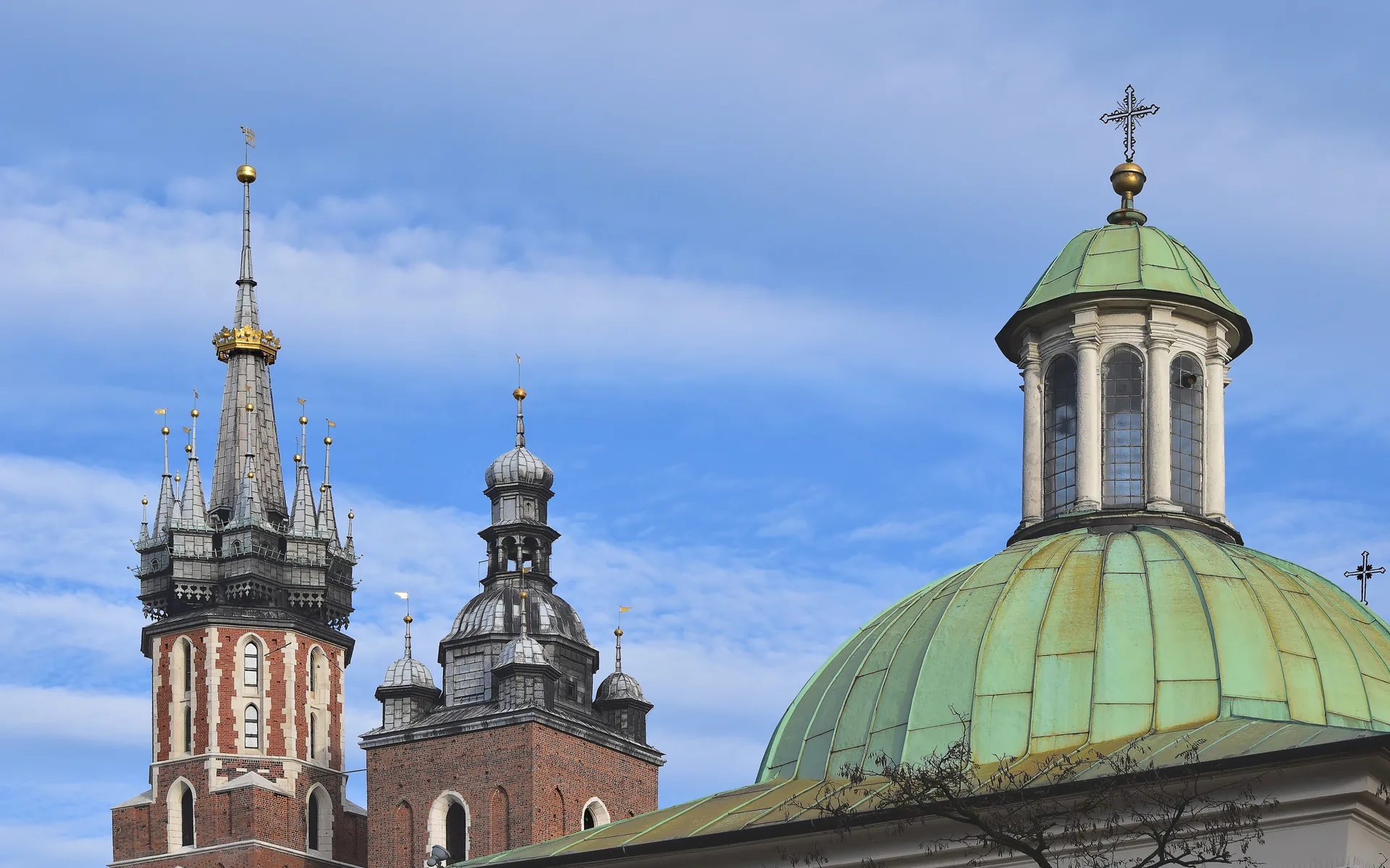 The towers of St Mary’s Basilica in Kraków’s Main Market Square.