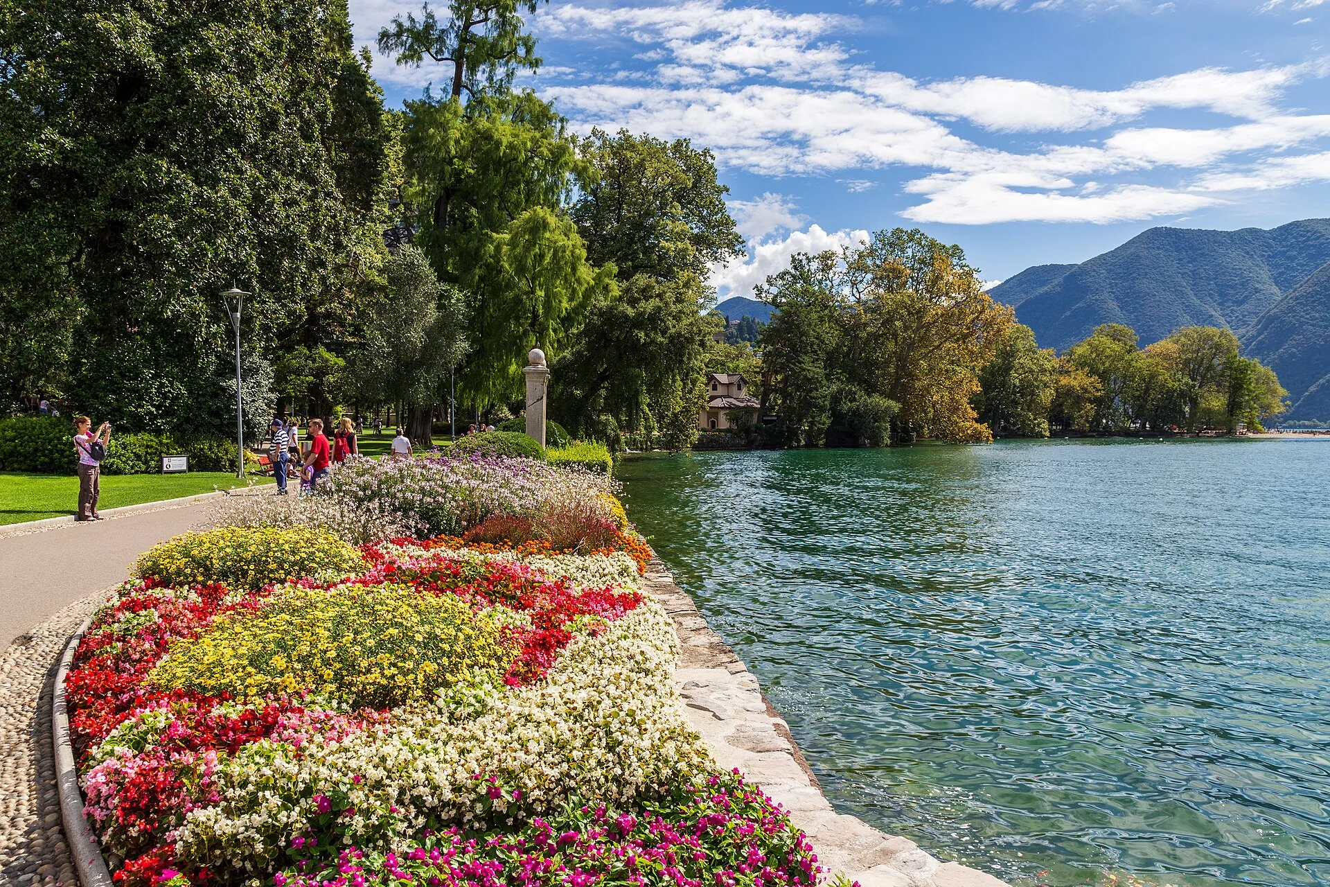 Flowers and the lakeside promenade in Parco Ciani, Lugano.