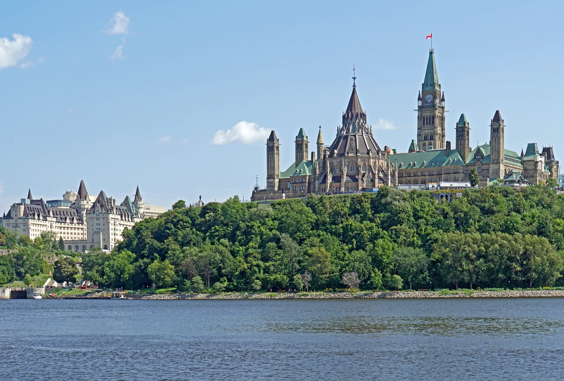 Canada’s Parliament and Peace Tower above the Ottawa River, viewed from Gatineau.