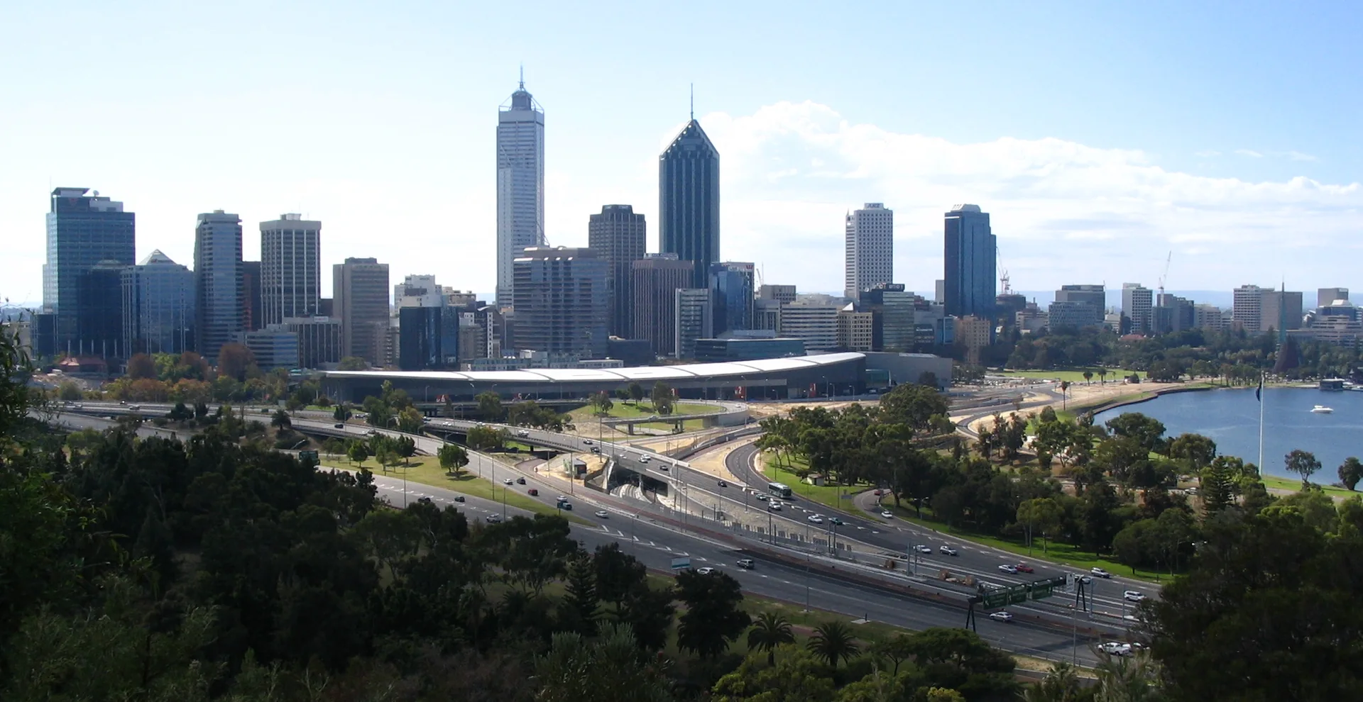 Perth city skyline and the Swan River viewed from Kings Park, photographed in April 2007.