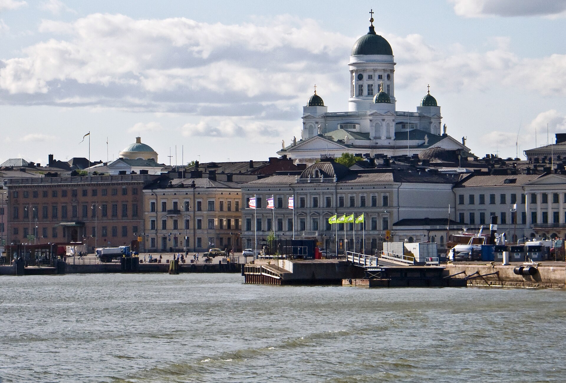 Helsinki Cathedral rising above the Kauppatori waterfront, viewed from the harbour