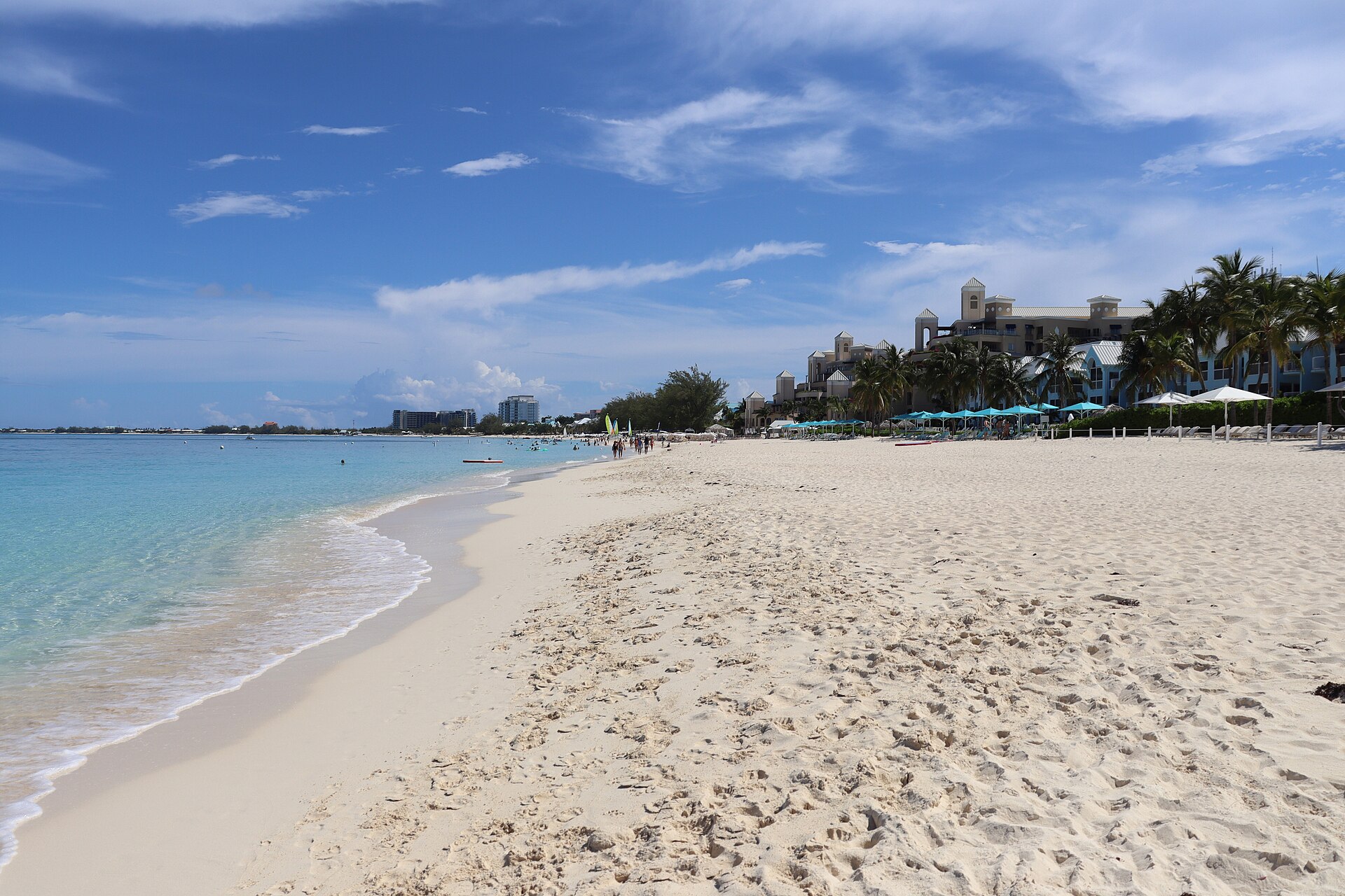 Seven Mile Beach on Grand Cayman, facing north in May 2026