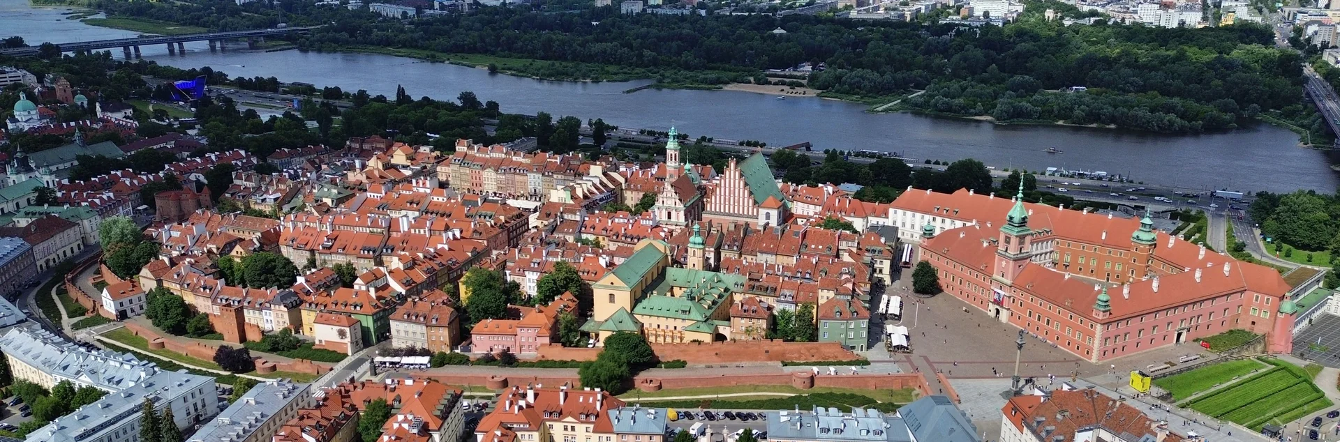Warsaw’s Old Town and Royal Castle beside the Vistula River, seen from above