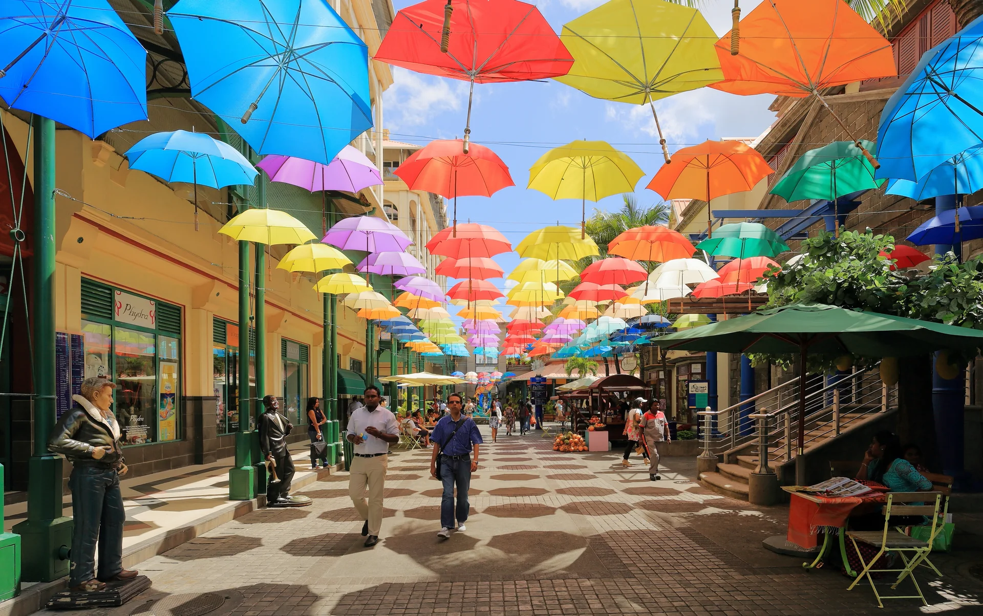 Colourful umbrellas over the pedestrian street at Caudan Waterfront, Port Louis
